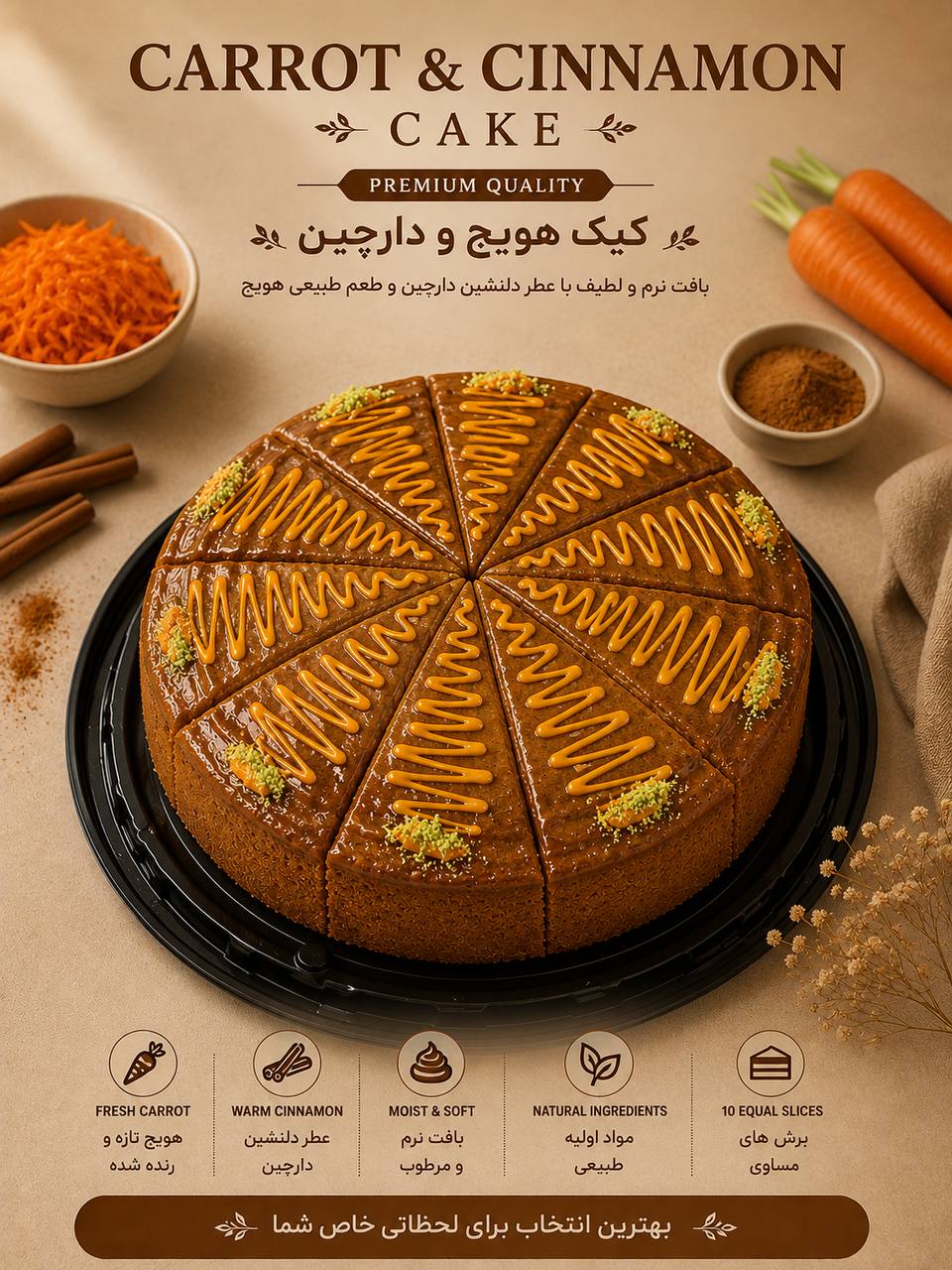 کیک هویج و دارچین در ۱۰ برش مساوی با خطوط سس نارنجی و پودر پسته روی سطح